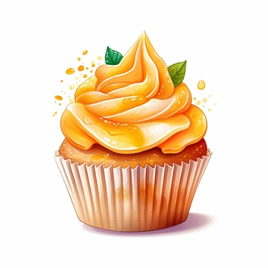 on white background cute and vibrant clipart featuring orange cupcake in watercolor style, hyper realistic photo flat color