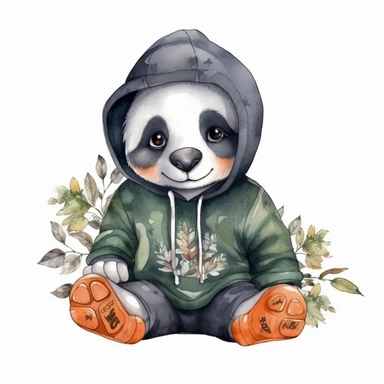 cute panda in cap and hoodie, bamboo, pixar style, cute watercolor clipart, cute illustration, hd, detail, ultra realistic, watercolor spots, isolated on the white background