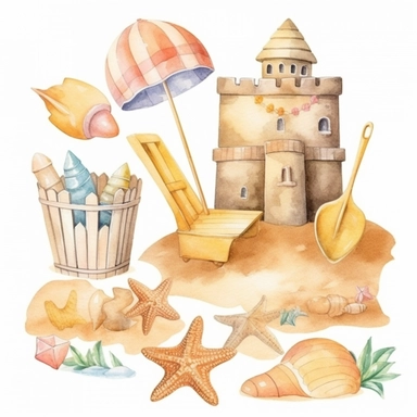 summer beach clipart with a sandcastle, bucket, shovel, and starfish, watercolor clipart, single design, 8k