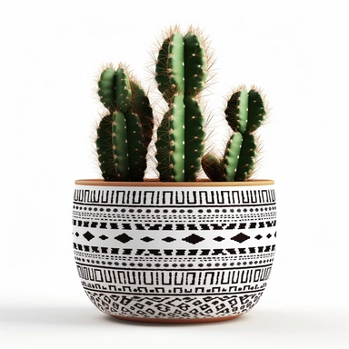 hd, clipart, realistic,A cactus plant in a pot with a southwestern mudcloth design, on white background--s 250