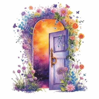 Adorable magical old open door with wildflower, nebular mix background, clipart, photorealistic illustration, watercolor, high detail, 8k polished, 8k, vibrant colors, sticker, majestic, die cut, white background