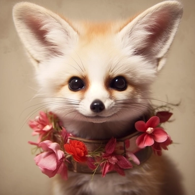 lashes, super lovely, nursery, close-up of an fennec foc, flower. The red panda has fluffy fur with black markings, large ears, and bright eyes. It is standing on top of a white background. vintage clothing hyper realistic 8k clipart