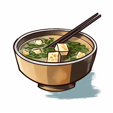 Picture a warm and inviting clipart of a bowl of miso soup. The soup is gently steaming, with cubes of tofu and wisps of wakame seaweed visible through the clear broth. The wooden ladle, traditionally used to serve the soup, rests on the side of the earthenware bowl. The wholesome scene is set against a stark white background, emphasizing the comforting colors of the soup.