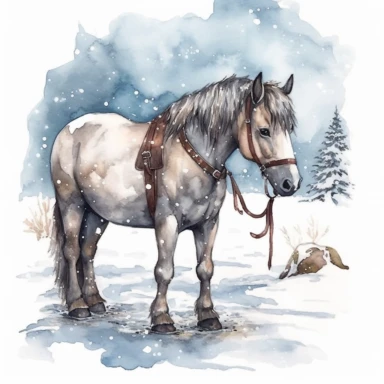 adorable watercolor winter illustration clipart, horse in the snow, winter, highly detailed, markers copic style, white background