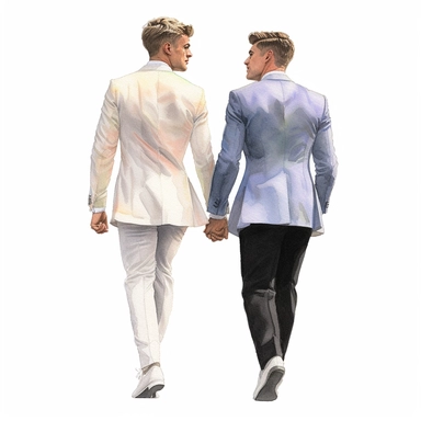 watercolor, hyper realistic, white background, white margins, 16k, ultra detailed clipart, cut out image, hand-drawn,celebration of love and commitment between two individuals of the same gender, wearing wedding attire, two grooms, both wear vest, full length body, back view