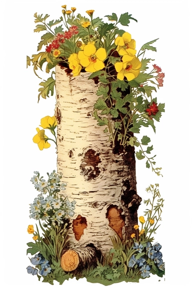 Vintage 1920 detailed Birch Tree Trunk With Flowers Illustration, Chromolithograph, Die Cut, 1920s Illustration, Vintage, Chromolithograph, Colorful, Antique, Ephemera, Clipart, 8k, Isolated on white