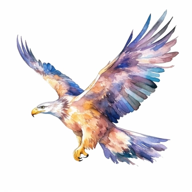 a colorful eagle flying with kind eyes clipart with watercolor illustration,full body shot,8k,etsy style, white background