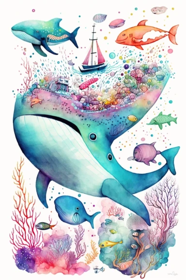 Happy whimsical watercolour ocean floor with colourful happy whale and dolphin, big swirling fish school, neon jellyfish, a woonden boat and 3 divers, cosmic bright colours, dreamy tones, Clipart style, svg style, white background