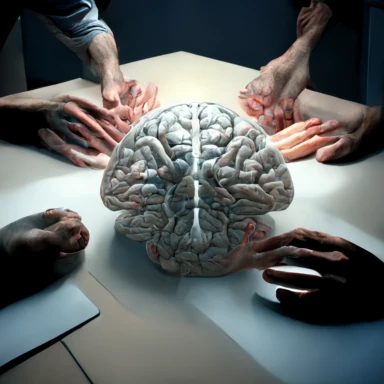 four human hands pointing (in discrimination), towards a realistic prototype human brain on a table in a well lit modern study with wide windows, , 8k ultra realistic 64bit color depth, people looking down on him, he is sitting in a calm modern and calm toned study, emotional conveyance , 3d clipart