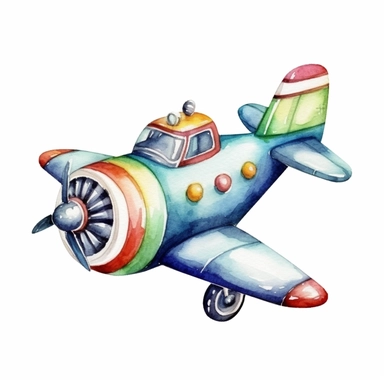cute colorful airplan clipart, for childish cards, detail, illustration style, high solution, Watercolor, on the white background, hd