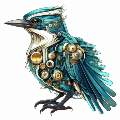 clipart, isolated on white background, a bird with bold colors, in the style of detailed science fiction illustrations, ivory, mysterious backdrops, quadratura, fairycore, wimmelbilder, fantastical machines