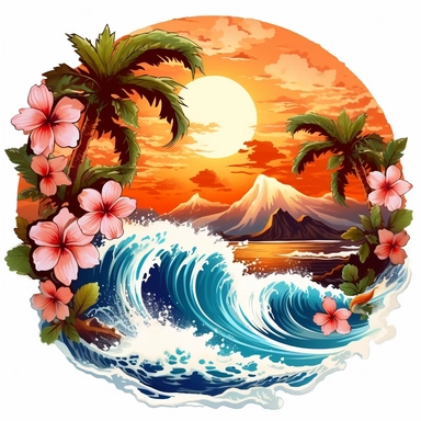 a sticker, artwork of t shirt graphic of majestic palm tree in digital painting style , beautiful flowers, sunrise mountains and clouds , big sea waves, water splashes, white background, colorful fantasy flower sorround, highly detailed clean, vector image, photorealistic masterpiece, professional photography, realistic, flat white background, isometric, vibrant vector, clipart, illustration, realism, 4k, , cinematic, front view, white background,