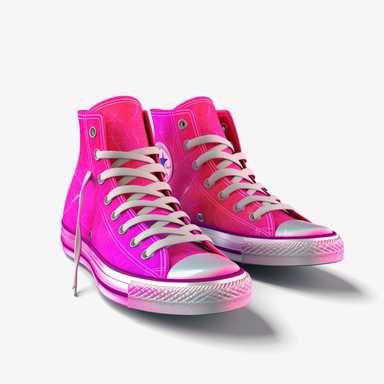 Pair of neon pink retro style converse high top shoes, left and right shoe, bold color, photorealistic, high-resolution photography, transparent background PNG clipart – ar 16:9
