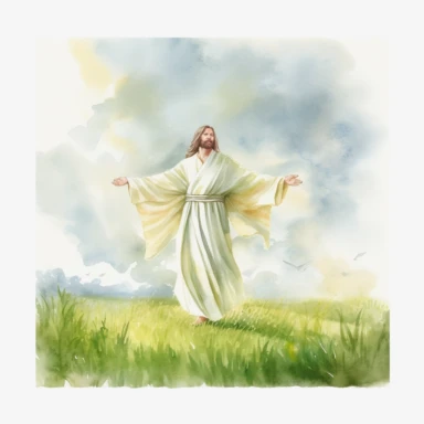 watercolor Jesus stands on a lush green field, his arms outstretched towards the heavens above. His white robe flows in the breeze as the sun's rays cast a warm glow over his serene face. Above him, a beam of light pierces through the clouds, illuminating his uplifted hands in a divine aura. Outstanding vivid design png realistic full body cartoon in 32K UHD cute 15cm thick outline no shadows on 8k background with realistic watercolors. And detailed illustrations PNG clipart transparent white ba