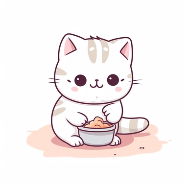 kawaii minimalist cat eating clipart, white background
