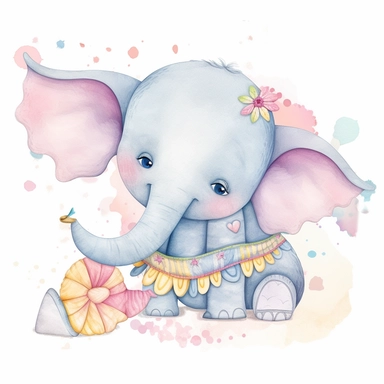 Cute patchwork plush toy elephant watercolor pencil clipart for decorating baby nursery, painting, drawling, children’s illustration, folk art, whimsical, cartoon, caricature, adorable, friendly, dreamy, ethereal, bright varied pastels