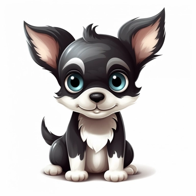 clipart, cute black and white Chihuahua puppy character, Cartoon style, adorable, ultra-high details, white background, chibi, kawaii, big bright eyes