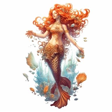 beautiful rich Russian style sea mermaid with long hair full body with fish tale, sea stars, sea shells, portrait, super high quality, high resolution, oil painting clipart, natural colors, isolated white background, 8k