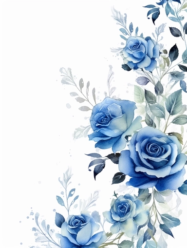 vintage beautiful victorian shabby chic blue roses border on white background, blue theme, watercolor illustration, clipart