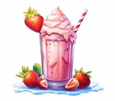 3D watercolor clipart featuring a delightful strawberry milkshake with vibrant hues and a refreshing appeal. The artwork is crafted in a style that mimics the fluidity and transparency of watercolors, adding a touch of whimsy to the composition. The mood of the artwork is cheerful and appetizing, evoking a sense of indulgence and satisfaction. Against a clean white background, the strawberry milkshake takes center stage, showcasing its rich pink color and creamy texture. This detailed clipart is