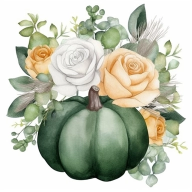 Dark green pumpkin, bouquet of white roses, green leaves, gray eucalyptus leaves, white fruits, watercolor, clipart, illustration, white background