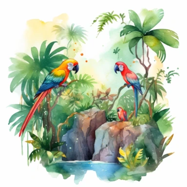 Create a clipart of a watercolor painting of a jungle scene with monkeys and parrots. No Background