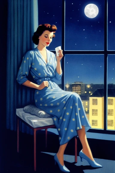 Vintage Illustration, At night, At night, a woman in pajamas stands by the window, wearing blue slippers and holding a glass of milk, Long-range view, Full body view, cheesy 50s vintage clipart image by cynthia flanders, in the style of traditional costumes, photomontage, whitcomb-girls, light indigo, gigantic scale, romanticized femininity, contrasting 8k