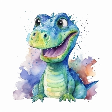 watercolored clipart with dinosaur, funny and friendly, goofy, silly and playful dinosaur, colored, uplight, white background