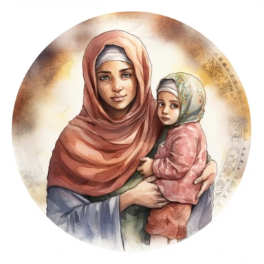 A portrait of a Muslim mother with her hijab carrying her child in her arms in a religious medallion watercolor clipart, realistic,high details, high quality