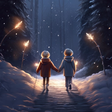 christmas eve, 2 happy children walking in Narnia, twinkling lights, Disney style of animation, clipart