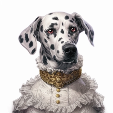 Stunning Dalmatian adorned in a ruffled Victorian collar and a decorative ribbon, exuding charm and sophistication against the pristine white backdrop. Its distinct spots and dignified posture make it a true Victorian beauty. Clipart, watercolor, white background, intricate detail, unreal engine cinematic smooth. Realistic rendering