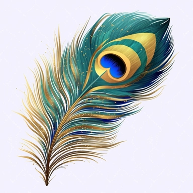 watercoor lack peacock feather with gold metalic detail clip art