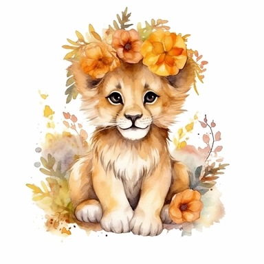cute baby safari lion, surrounding with flower, full-body laying down, watercolor clipart