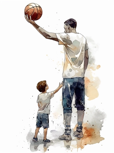 DESIGN A MAGNIFICENT AND EXQUISITE BREATHTAKING ONE-OF-A-KIND HIGH QUALITY HIGHLY DETAILED MASTERPIECE WATERCOLOR CLIPART ILLUSTRATION OF A father playing basketball with his son, in the style of realistic watercolor paintings, animated gifs, mommy's on-the-phonecore, ULTRA REALISTIC, PHOTO REALISTIC, ULTRA LIFE LIKE, 48K, WHITE BACKGROUND, NO FONT, NO TEXT, NO WORDS, NO WATERMARK