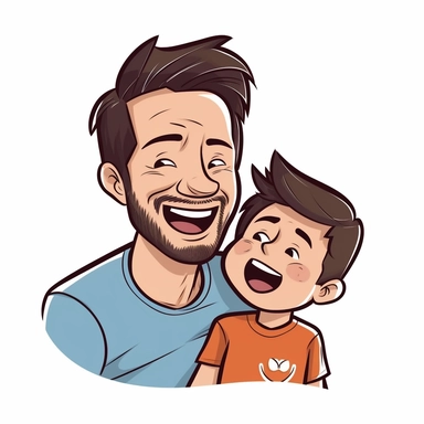 Father and boy playing or laughing together, sticker style vector illustration for t - shirt, clipart, white background