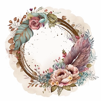 intricate and detailed watercolor circle border for wedding clipart masterpiece of boho floral arrangement with boho flowers and feathers and leaves, exquisite realism caricature style with excellent depth color shading, use of fabric, soft and subtle colors of watercolor style, plain background