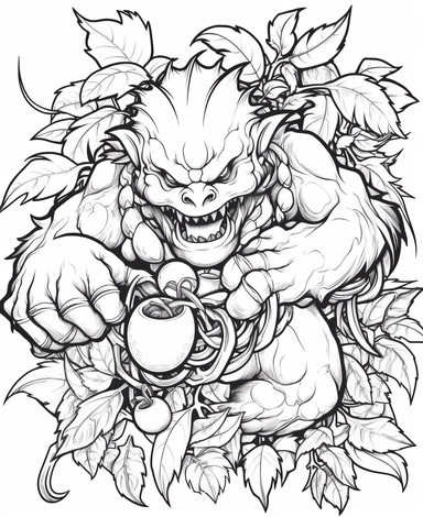 clean black and white coloring page of grape monster, resident evil style crisp lines white backgrount no fill, only black marker, low detail vector, clipart,