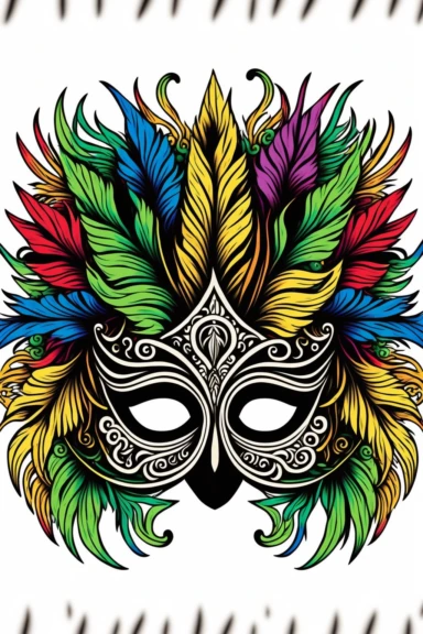 A cute mandala featuring Mardi Gras masks and colorful feathers, Coloring Book, white background, black and white, [clip art]