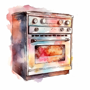 watercolour kitchen oven, clipart on white background, no watermark, highly detailed, professional color gradation, clean sharpness