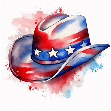 pretty cowboy hat painted in american flag, amazing watercolor clipart, blue, white, red, bright color, ultra realistic, hd, independents day, patriotic usa