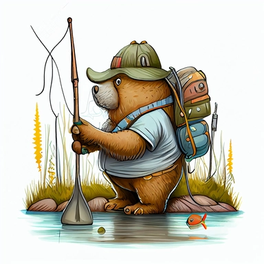 funny big sish going to lake camping fishing big bear, CLIPART, watercolor, ink, ultra-detailed, cartoon style, white background, black outside lines –testp,