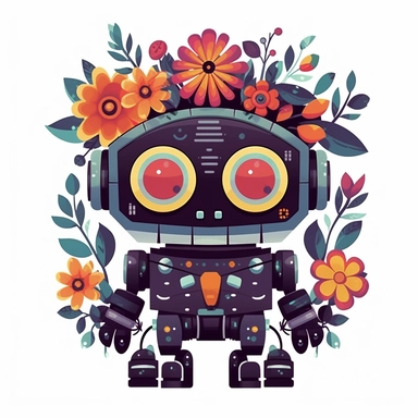 Floral Dark Fantasy Cute Kawaii Robot Clipart, Flat Cartoon, hyper realistic, intricate detail, illustration style, high resolution, on the white background