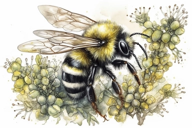 Aquarelle Bumble Bee Clipart on thyme flower, detailed painting, white background, single design, isolated white background, 8k, spaced out