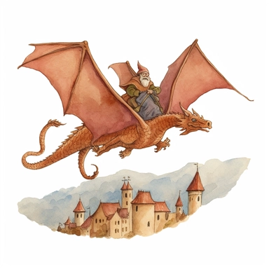 brownish reddish medieval dragon flying alone in the air above peasants who are running in fear watercolor clipart no fonts no words no letters