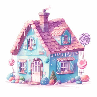 a little house made of delicious candy, bright pastel colours, baby pinks, light blues, light purples, clipart, white background