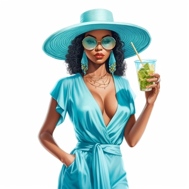 Beautiful pretty black girl wearing summer hat clipart, holding a drink, cyan outfit, highly detailed, 8k, white background