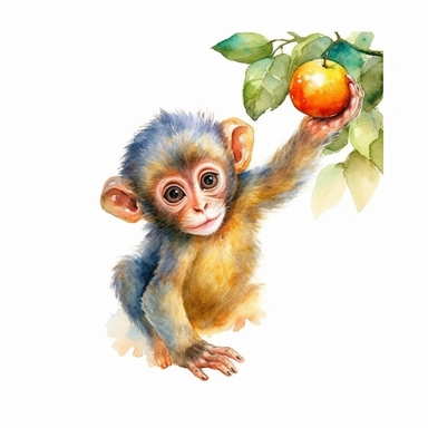 A curious baby monkey reaching out to grab a nearby fruit , Discovery, playfulness, pastels, watercolor, clipart , Solid background with an engaging clipart-style watercolor painting