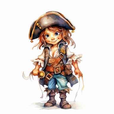 beautiful cartoon Pirate character, illustration clipart, high detailed, white background, digital art, hd, watercolor