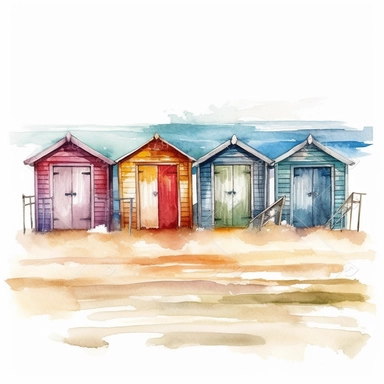 beautiful colored beach huts in holland on the beach watercolor illustration clipart on white background