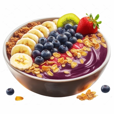 Clipart style as product shot of a delicious acai bowl with fresh fruits and granola on top, in a very good quality, hd quality, sticker with white renderings, very detailed